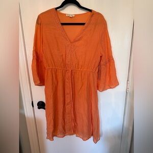 Orange V-Neck Dress with Lace Trim semi sheer lace trim size L #1801